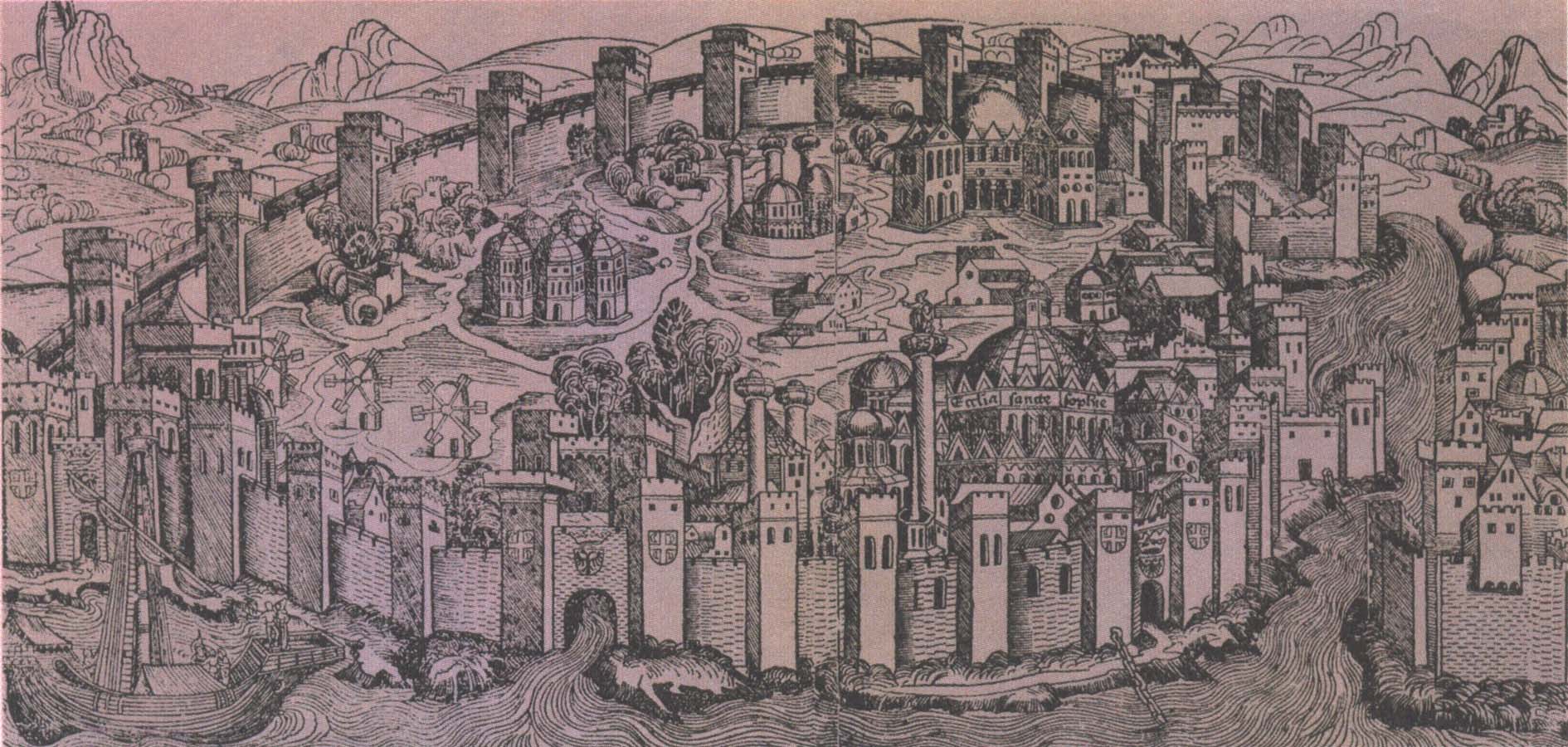 den har kartan fran 1493 forestaller konstantinopel med hagia sofia kristenhetens mest beromda kyka till hoger.